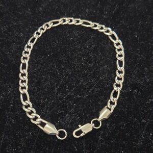 Stainless Steel Figaro Chain Bracelet Silver Tone 8 Inch Lobster Clasp